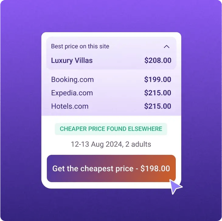 Price Check widget showing the minimum matched direct price on the hotel website