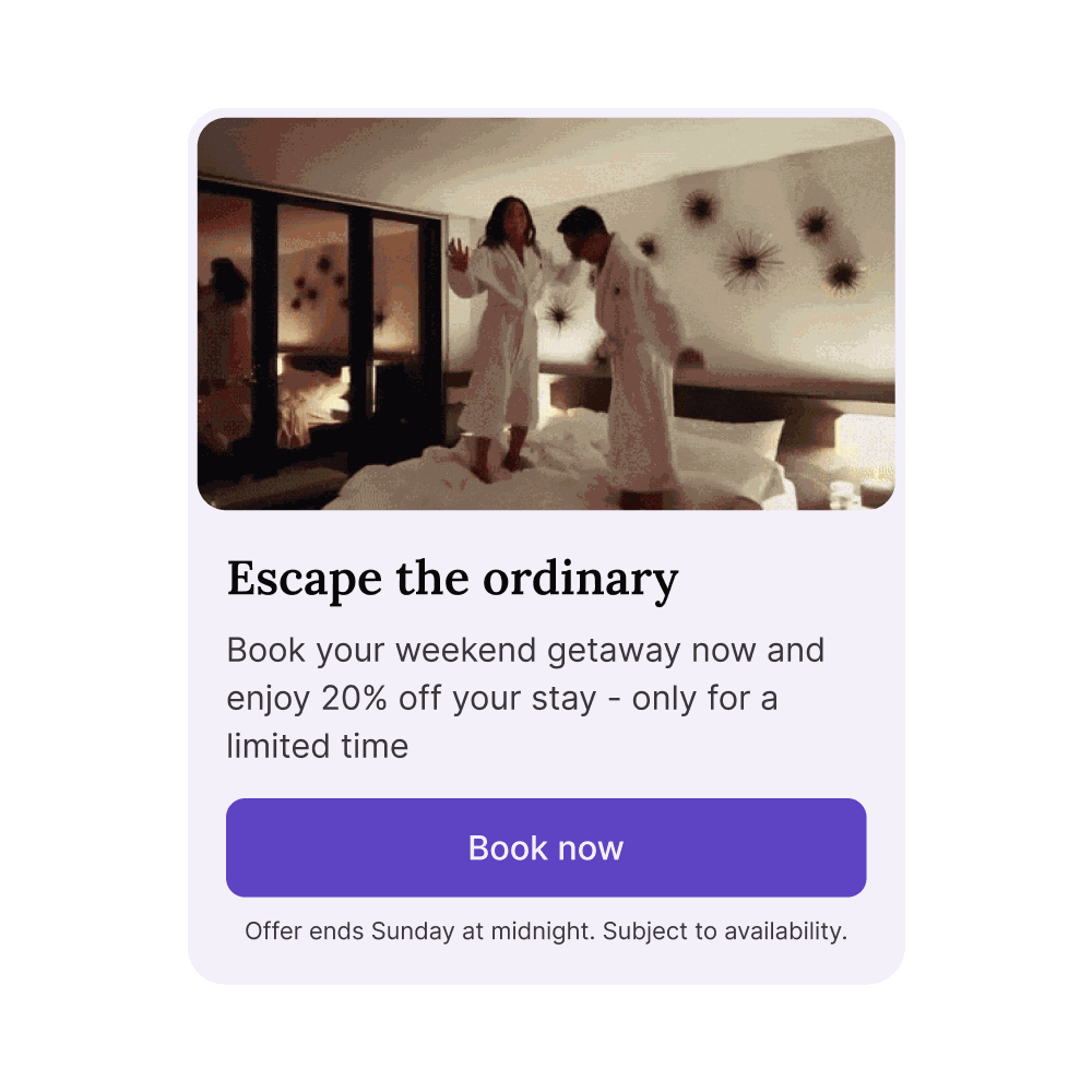 Animated promotion of a weekend getaway offer with 20% off, showing a couple jumping on a hotel bed and a 'Book now' call-to-action