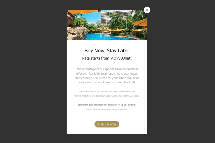 A Triptease Full Screen Message highlighting a ‘Buy Now, Stay Later’ advanced purchase voucher offer