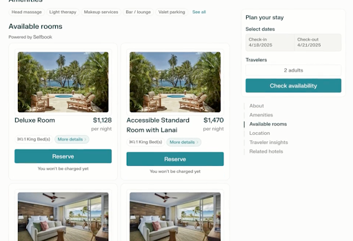 Alt text: A hotel booking page showing available room options at a resort. Two room types are displayed: a "Deluxe Room" priced at $1,128 per night and an "Accessible Standard Room with Lanai" at $1,470 per night. Both rooms feature King beds. Each listing includes a photo showing either a pool view or room interior, along with "More details" links and green "Reserve" buttons. On the right side is a reservation panel showing check-in (4/18/2025) and check-out (4/21/2025) dates for 2 adults, with a teal "Check availability" button. The amenities navigation at the top includes options for head massage, light therapy, makeup services, bar/lounge, and valet parking.