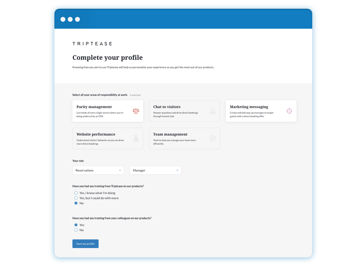 A screen grab of the Triptease Platform 'Complete your profile' page, capturing Parity management and Marketing messaging for the user
