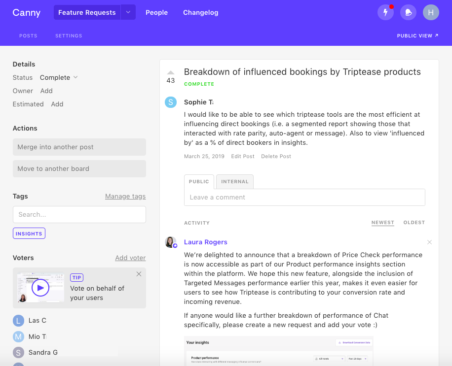 A screen shot of the Triptease Feature Request page, showing requests for a breakdown of influenced bookings and a response from Product Manager, Laura Rogers, confirming that the feature has been launched