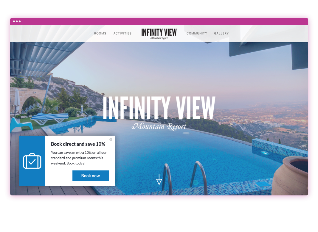 Screen shot of a hotel website showing a Nudge Message offering 10% off when you book direct