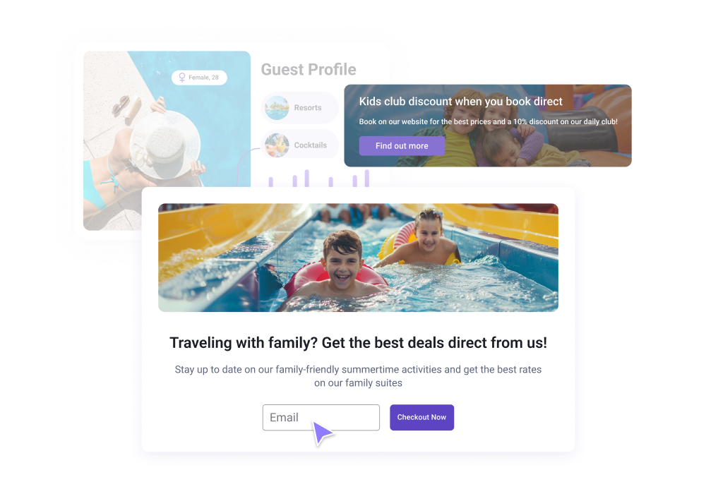 Pop-up message offering direct booking deals for families, with a water park image and email sign-up form encouraging guests to check out now.